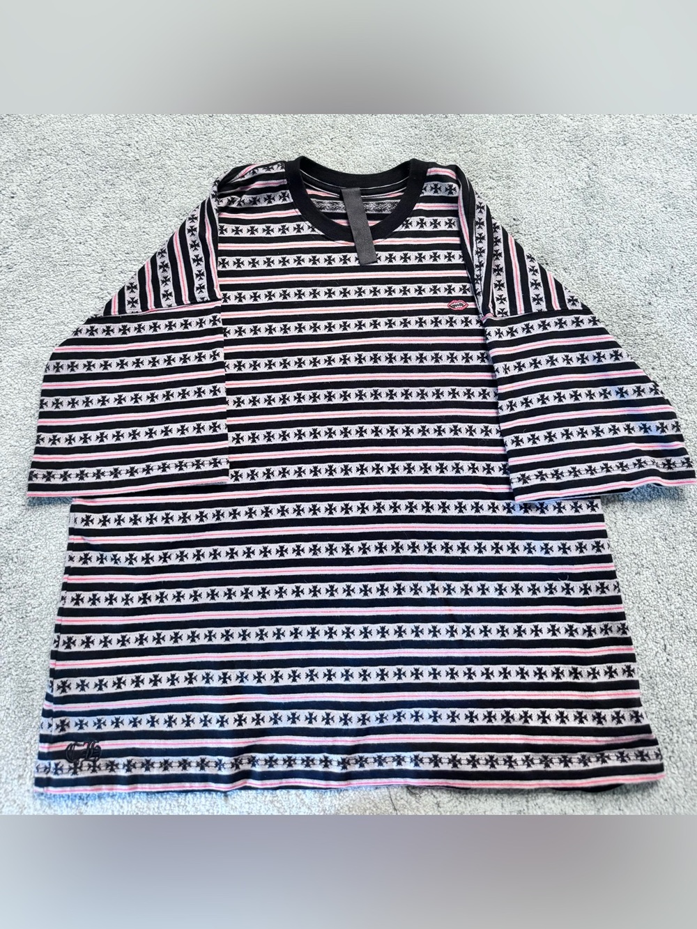 Chrome hearts Striped Crewneck Short-Sleeve Sweater in Black, White & Pink